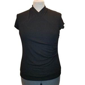 Isaac Mizrahi For Target Blouse Size L  Black Faux Wrap High Neck Side Gather